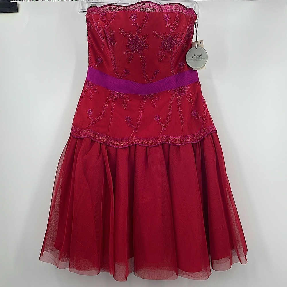 Pearl Georgina Chapman Marchesa Red Embroidered Strapless Tulle Dress Size 6